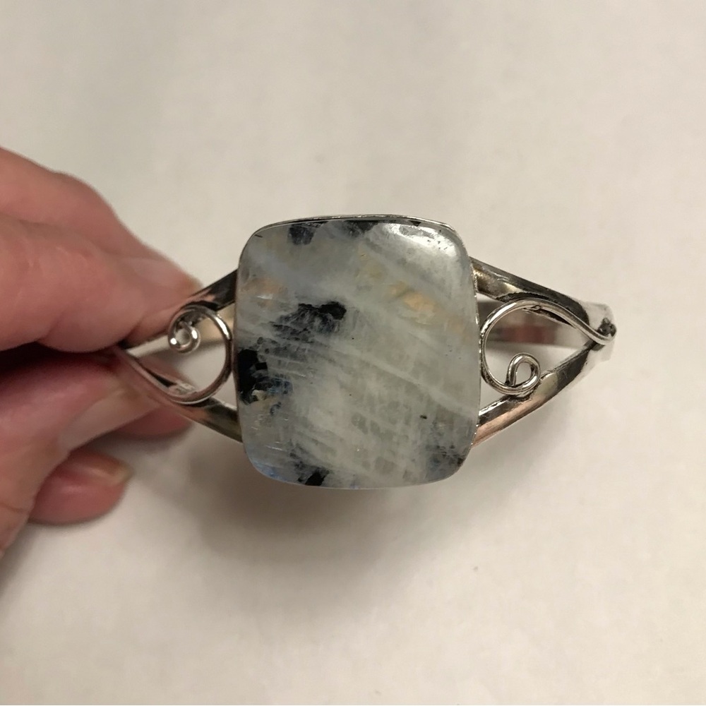 Rainbow Fire Moonstone Stamped Solid 925 Sterling Silver Cuff Bracelet